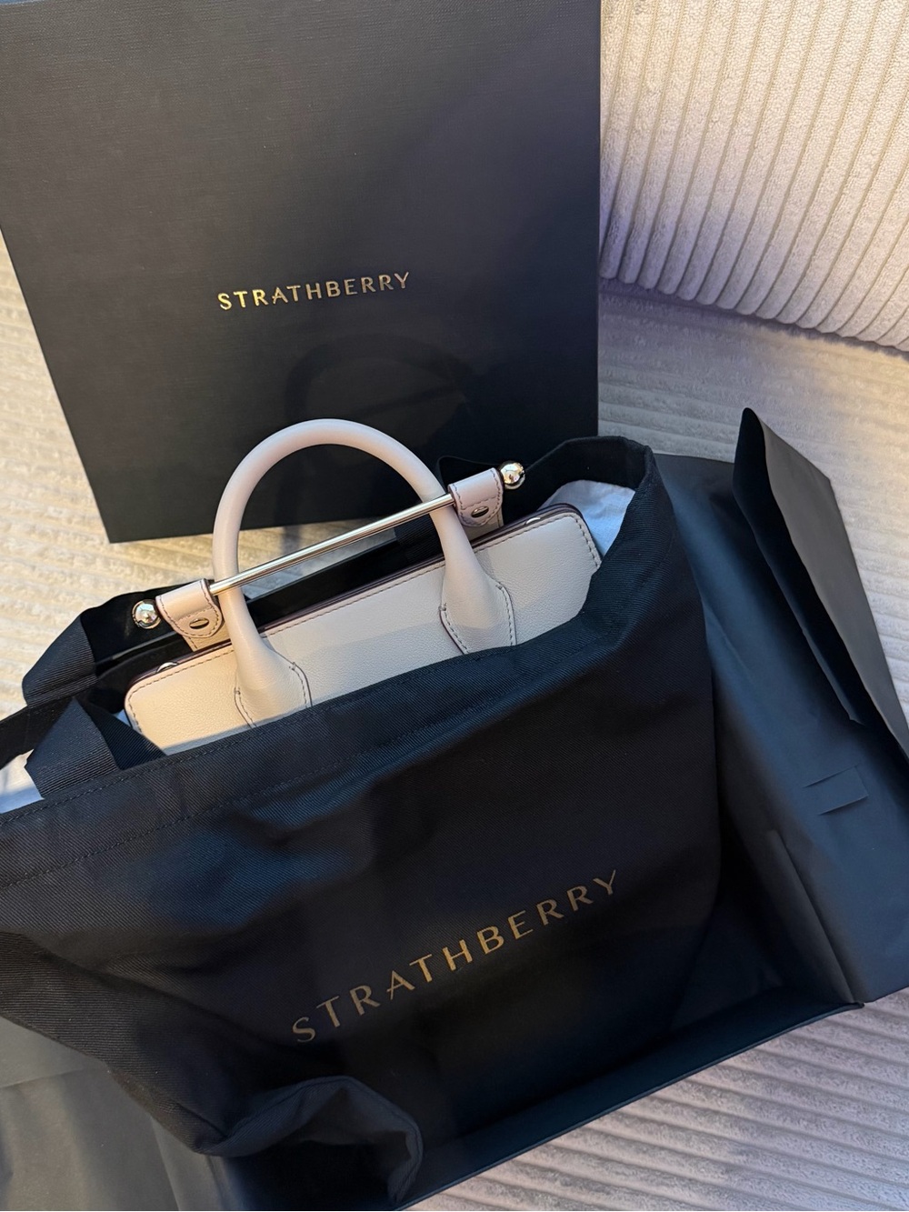 Strathberry Oat Mini Tote with Gold Bar Detail (new in a box with a dust bag) - Picture 13 of 14